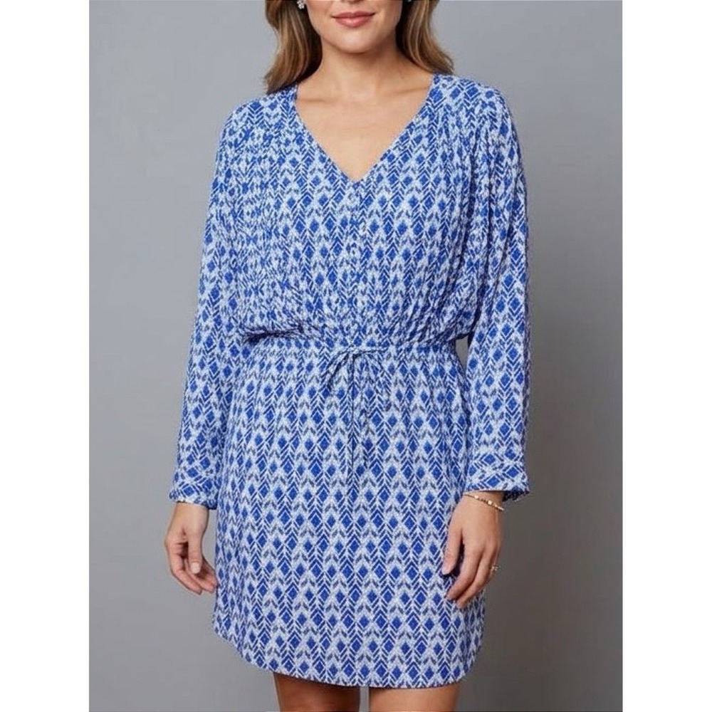 Maeve Anthropologie Blue Geometric Pattern V-Neck Drawstring Dress Womens Medium